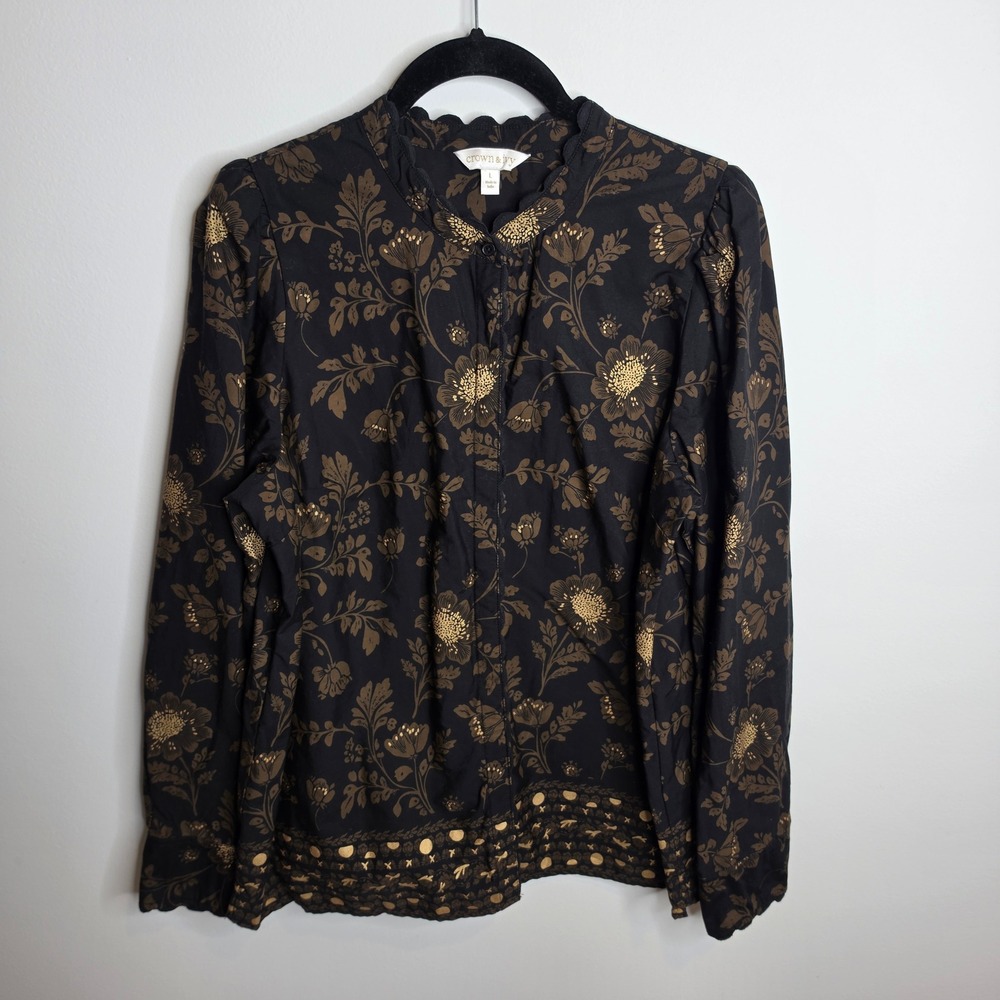 Crown & Ivy Blouse Womens Large Scallop Trim Floral